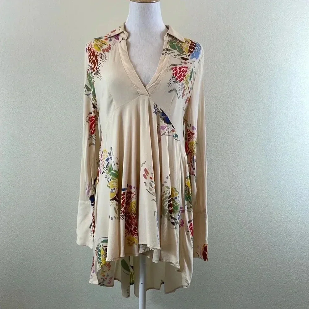 Free People cream floral/abstract‎ high low tunic size small